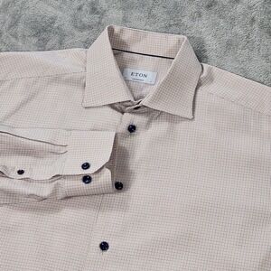 Eton Shirt Mens 17 43 Blue‎ Yellow Check Contemporary Signature Twill Cotton